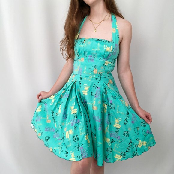 Vintage MCM Pin-Up Novelty Jetsons Space Geometric Print Mini Summer Dress USA - Picture 3 of 9
